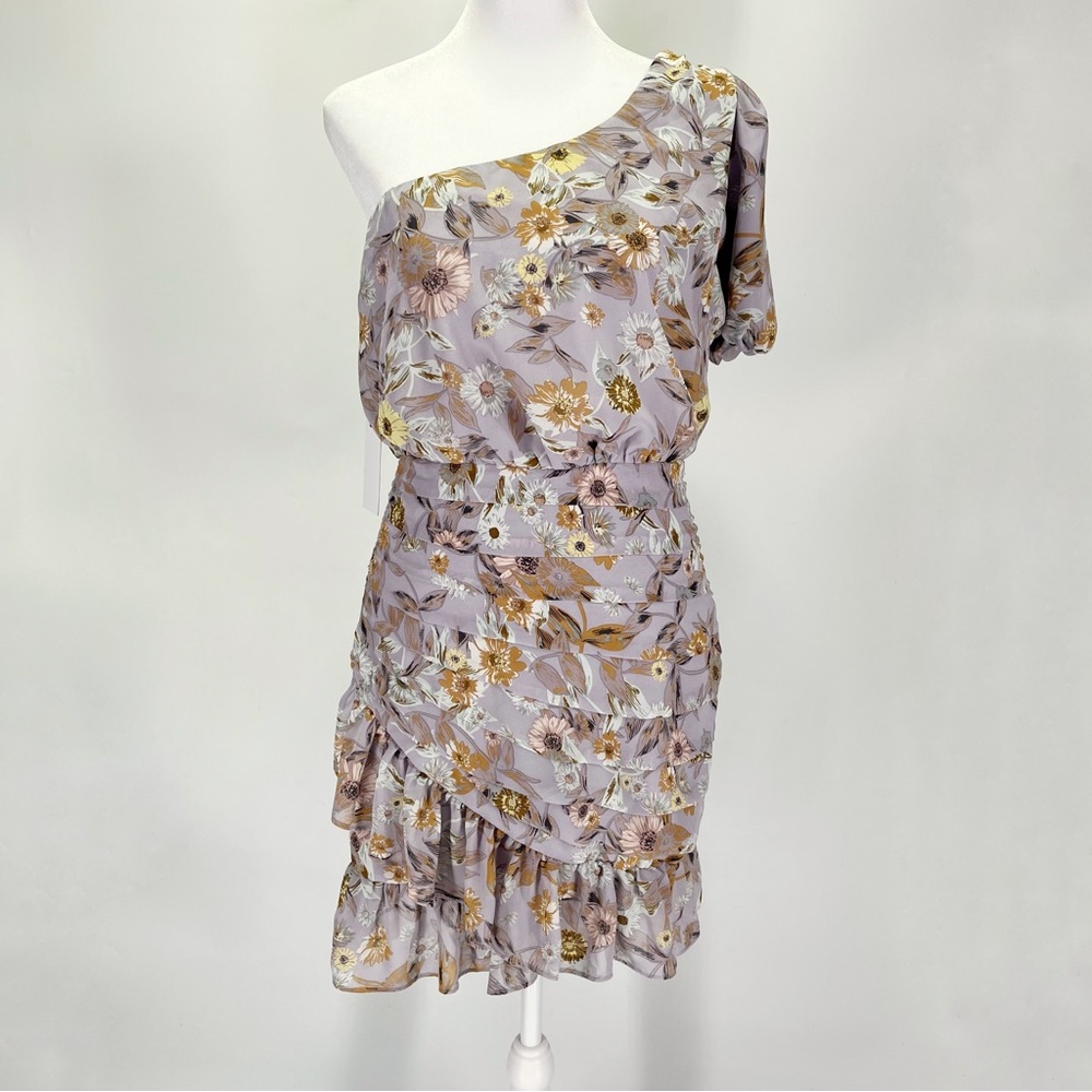 ASTR One Sleeve Tulip Floral Print Mini Dress Ruched Ruffle Periwinkle - Picture 7 of 11